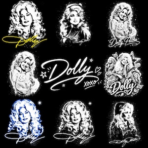 May include: A collection of black and white graphic illustrations featuring Dolly Parton in various poses and hairstyles. The design includes the text Dolly, Dolly Parton, and XOXO, with some accents in yellow and blue, set against a solid black background.