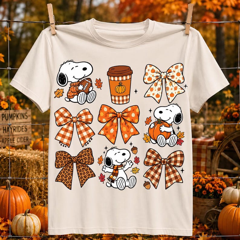 Może przedstawiać: Kremowy t-shirt z kr&oacute;tkim rękawem z siatką ilustracji przedstawiających Snoopy'ego trzymającego piłkę do futbolu, kubek kawy z dynią, Snoopy'ego z dynią, Snoopy'ego w szaliku oraz r&oacute;żne wzorzyste kokardy w kolorach pomarańczowym i brązowym.