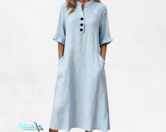 Vestido de mujer de algodón y lino con cuello alto / Vestido informal de verano de manga corta con bolsillos