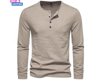 Camiseta Henley de algodón para hombre, corte ajustado, manga larga