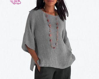 Women's Cotton O-Neck Blouse | Three Quarter Sleeve Loose Summer Top