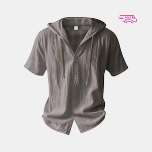 May include: A gray short-sleeved hooded shirt with a button-down front. The shirt has a drawstring at the hood and is made of a lightweight fabric. The shirt is a solid color and has a casual style.