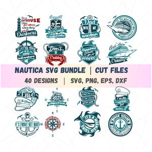 Könnte beinhalten: Eine Sammlung von SVG-Schnittdateien zum Thema Nautik mit verschiedenen Designs, darunter Anker, Leuchttürme und maritime Zitate. Die Designs sind in Türkis und Weiß gehalten, mit Sätzen wie "Jeder Tag ist ein neues Abenteuer". Das Bundle enthält 40 Designs.