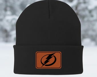 Personalized Any Team Sport Logo Leather Patch Beanies, Winter Beanie With Logo Text, Custom Warm Hat for Winter, Laser Engraved Beanies