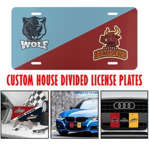 May include: Custom license plate with a blue and maroon diagonal split design. One side features a wolf graphic and the word "WOLF", the other side has a bull graphic and the word "HORNS". The text "CUSTOM HOUSE DIVIDED LICENSE PLATES" is at the bottom.
