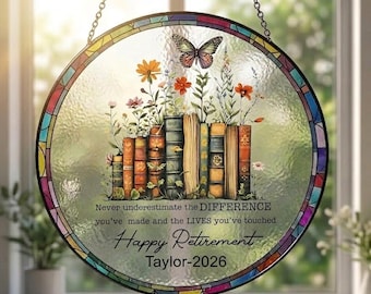 Gepersonaliseerde pensioen Suncatcher, bloemenboek Een nieuw hoofdstuk begint Gepensioneerd cadeau Gebrandschilderd glas, cadeaus leraar pensioen, cadeau collega