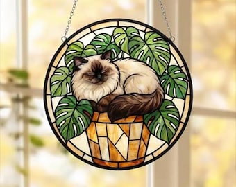Custom Faux Stained Glass Cat Suncatcher: Himalayan Cat Monstera Suncatcher,  Gift For Cat Lover, Plant Gift For Mom