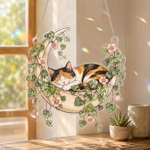 Fönsterhänge för sovande katt, halvmånekattdekor, minnesgåva för husdjur, konst för kaliköttkatt, blommig månesolfångare