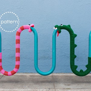 Snake Yarnbomb Knitting Pattern PDF, Bike Rack Cozy Yarnbomb Street Art, DIY Craft Knit Softie Dragon Loch Ness Nelly Caterpillar Worm image 1