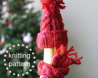 Patrón de punto acogedor de botella de vino, patrón de punto de topper de botella de vino, sombrero y bufanda de botella de vino, patrones de punto de Navidad, regalos de bricolaje