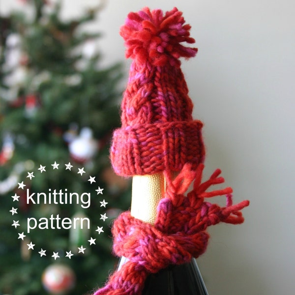 Wine Bottle Cozy Knitting Pattern, Wine Bottle Topper Knitting Pattern, Wine Bottle Hat & Scarf, Christmas Knitting Patterns, DIY Gifts