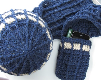 TARDIS-inspired Hat & Scarf Crochet Pattern - Doctor Who Inspired Geekery - TARDIS-inspired Beanie and Pocket Scarr
