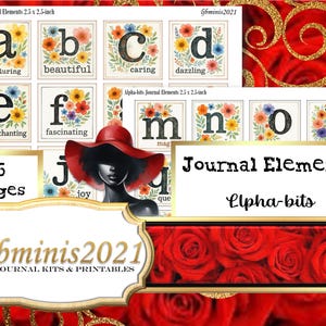 Puede incluir: Un kit de diario digital con letras y palabras del alfabeto floral. El kit incluye 6 páginas de elementos imprimibles, con cada letra enmarcada por flores coloridas. El texto "Journal Elements" y "Alpha-bits" también es visible.