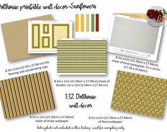 Sunflowers Dollhouse Wallpaper, Adult Doll Collector Wallpaper  1:12 Scale