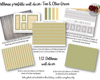 Tan and Olive Green Dollhouse Wallpaper 1:12 Scale