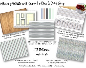 Ice Blue and Dark Gray Dollhouse Wallpaper 1:12 Scale