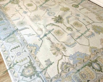Muted Modern Oushak Hand Knotted Rug, Handmade Oushak Rug for Living Room, Bedroom, Dining Area, Ivory Turkish Handmade Area Rug, Wool Rug