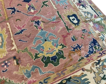 Hand Knotted Pink Oushak Rug | Vintage Turkish Oriental Wool Carpet | Floral Pastel Area Rug | Boho Decor Handmade Traditional Floor Art