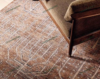 Hand Knotted Brown Geometric Tree Design Rug | Modern Artisan Wool Area Carpet | Contemporary Minimalist Decor Floor Rug