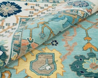 Hand Knotted Blue Oushak Rug | Floral Oriental Wool Carpet | Teal & Beige Turkish Decorative Area Rug | Vintage Style Handmade Floor Art