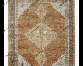 Brown and Blue Geometric Hand Knotted Rug | Wool Southwestern Area Carpet | Rustic Farmhouse Decor | Vintage Turkish Style Rug