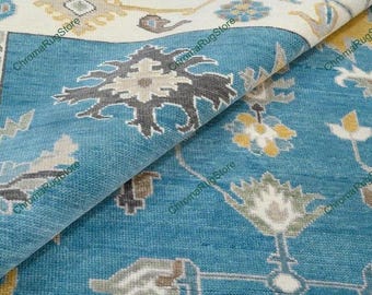 Hand Knotted Blue & Ivory Oriental Rug | Traditional Floral Wool Area Carpet | Vintage Style Persian Design Handmade Home Decor