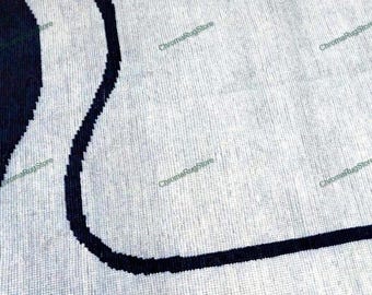 Hand Knotted Modern Bordered Rug | Blue & White Scalloped Edge Wool Carpet | Contemporary Minimalist Area Rug for Living Room or Bedroom