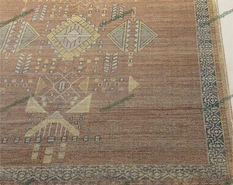 Hand Knotted Brown Geometric Tribal Rug, Vintage Style Southwestern Area Carpet, Boho Farmhouse Decor, Handmade Wool Floor Rug
