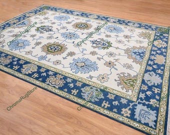 Hand Knotted Traditional Blue Ivory Oriental Rug | Floral Medallion Wool Carpet | Classic Handmade Persian Style Area Rug