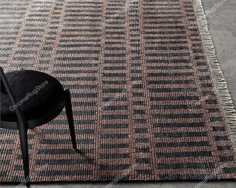 Handgeknoopt modern bruin geruit vloerkleed | Geometrisch wollen tapijt | Eigentijds rasterontwerp voor woonkamerinrichting