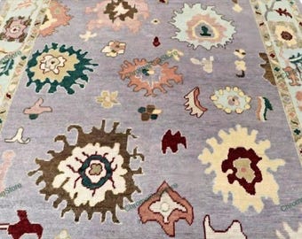 Hand Knotted Oushak Rug in Soft Lavender & Pastel Tones, Modern Floral Turkish Wool Carpet, Decorative Boho Area Rug, Custom Sizes