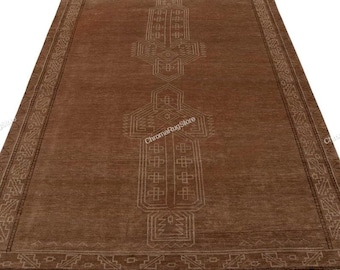 Hand Knotted Brown Geometric Rug, Modern Minimalist Wool Carpet, Neutral Tribal Design, Handmade Area Rug for Living Room & Bedroom Decor