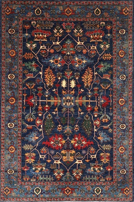9x12 Navy Blue Hand Knotted Oriental Rug | Persian Style Wool Area Carpet | Tribal Geometric Design Living Room Decor 10x14 12x15 rug