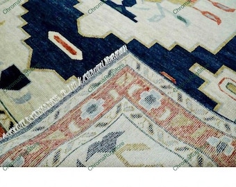 Blue Beige Southwestern Rug | Hand Knotted Wool Carpet | Rustic Boho Tribal Area Rug | Warm Earth Tone Living Room Decor