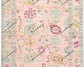 Pink Green Oriental Hand Knotted Wool Rug | Bohemian Eclectic Area Carpet | Pastel Vintage Style Handmade Living Room Decor