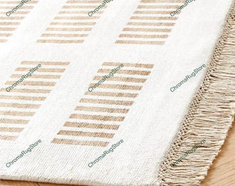 Modern White Beige Geometric Rug | Scandinavian Minimalist Wool Area Carpet | Handwoven Grid Design Living Room Rug