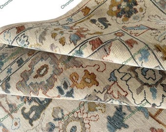 Beige Oriental Hand Knotted Rug | Traditional Floral Oushak Wool Carpet | Neutral Farmhouse Area Rug | Vintage Style Living Room Decor