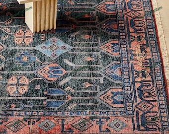 Handgeknüpfter Orientteppich in Blau und Rot, Teppich mit traditionellem geometrischem Muster, Handgeknüpfter Wollteppich im Vintage-Stil für Wohnzimmerdekor