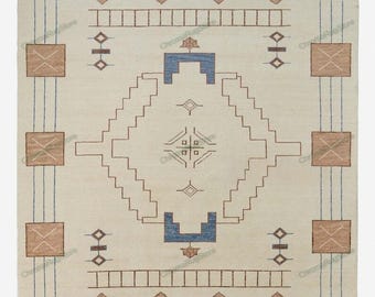 Hand Knotted Southwestern Geometric Rug, Beige Brown Blue Tribal Design Area Carpet, Modern Boho Farmhouse Decor, Soft Wool Handmade Rug