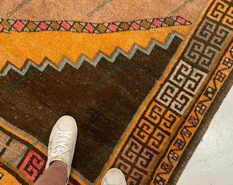 Hand Knotted Brown & Gold Geometric Rug, Vintage Tribal Wool Area Carpet, Southwestern Style Decor for Living Room or Bedroom