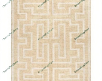 Beige Hand Knotted Area Rug, Geometric Hand Knotted Modern Oushak Rug for Living Room, Bedroom, Turkish Handmade Wool Area Rug, 9x12 Rug