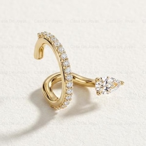 Päronörhängen med labbodlade diamanter, pave-set, 14K massivt guld, solitaire-wrap, eleganta smycken utan piercing, minimalistiska, lyxiga uttalande-manschetter för vardagsbruk
