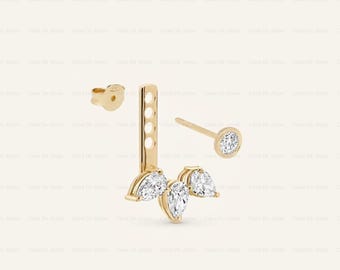 Three Pear Diamond Ear Jacket 14k Solid Gold Dangle Drop Earring For Stud Sparkling Lab Grown Diamond Earrings 10k 18k Gold Everyday Earring