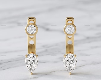Pear Diamond Ear Jacket 14k Solid Gold Minimalist Drop Earring For Stud Prong Set Sparkling Lab Grown Diamond Earrings 10k 18k Gold Earring