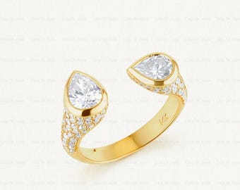 Pave Statement Cocktail Ring Open Gap Diamond Ring 14k Solid Gold Pear Bezel Ring Unique Bypass Lab Diamond Ring 18k Gold Modern Jewelry