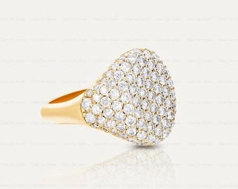 Pave Diamond Signet Ring 14k Solid Gold Dome Ring Lab Grown Diamond Statement Ring Unique Bold Dome Gold Ring Minimalist Elegant Luxury