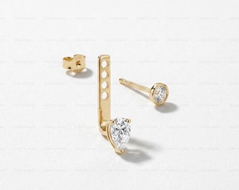Pear Diamond Ear Jacket 14k Solid Gold Minimalist Drop Earring For Stud Prong Set Sparkling Lab Grown Diamond Earrings 10k 18k Gold Earring