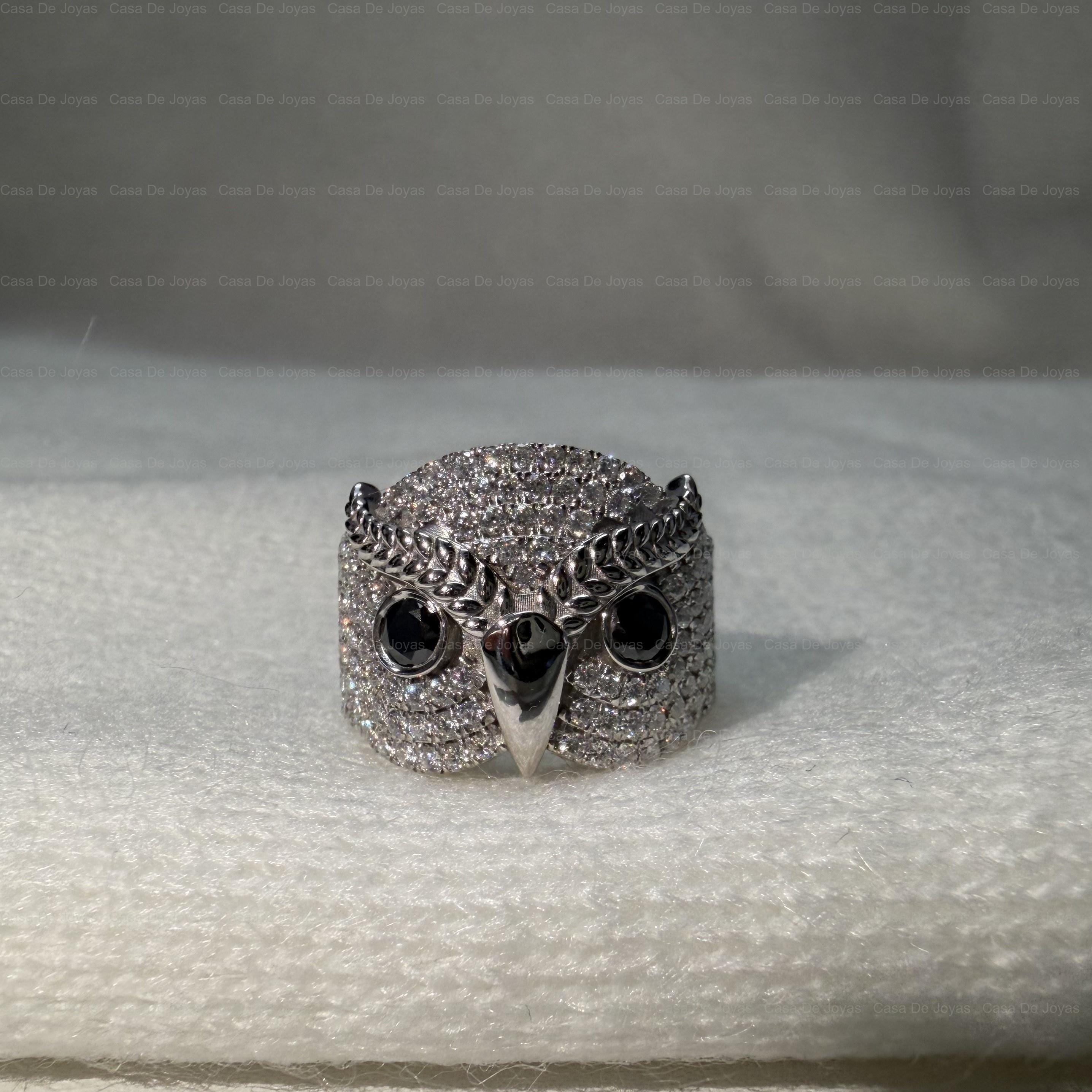 Owl Bird Inspired Dome Ring 14K Real Gold Round Cut Black and White Diamond Statement Ring Unique De