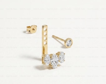 Diamond Ear Jacket 14k Solid Gold Dangle Drop Earring For Stud Prong Setting Sparkling Lab Grown Diamond Earrings 10k 18k Gold Earring Women