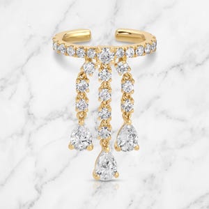 Brinco de orelha com corrente em formato de gota de pera, em ouro 14k, com vários pingentes, joia marcante para orelha, brinco de cartilagem luxuoso sem furo, brinco de pressão com diamantes em formato de lustre.